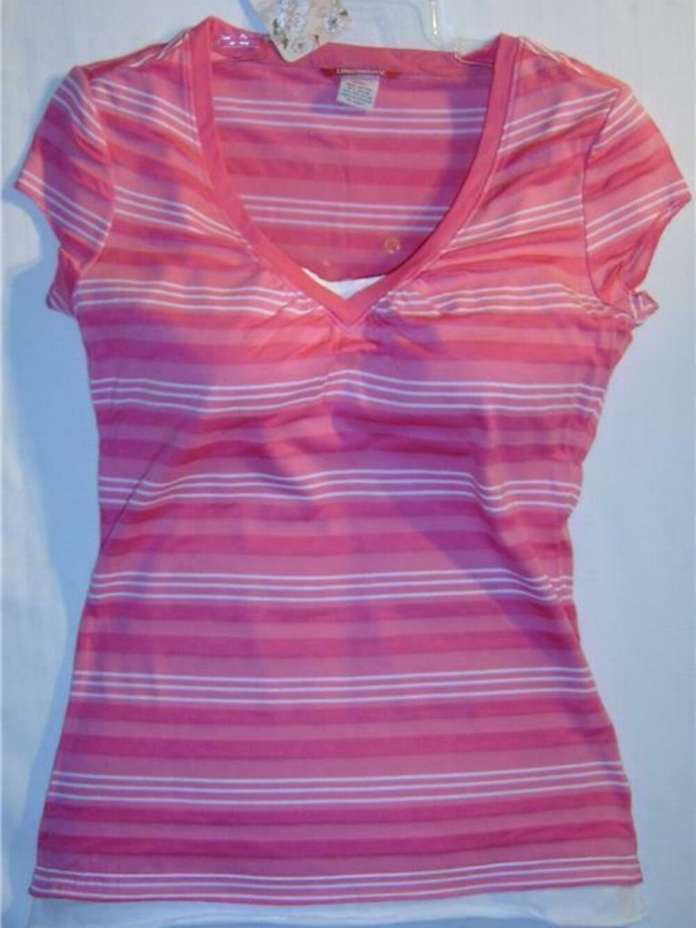 Union Bay Y2K Mock SHIRT Jr Sizes Pink & White Striped Crew Fitted Cap Sleeve